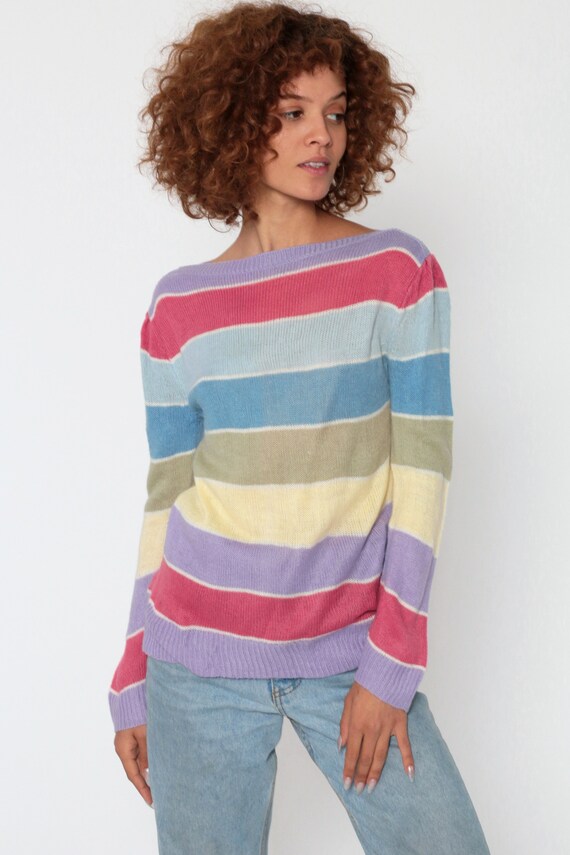Pastel Sweater 80s Striped Sweater Puff Sleeve Baby Blue Pink Knit Boatneck Slouchy Pullover 1980s Vintage Boat Neck Small