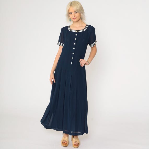90s Maxi Dress Vintage Navy Blue Pleated Sailor Dress Button-Up Shirtdress Short Sleeve Preppy Square Neckline Medium