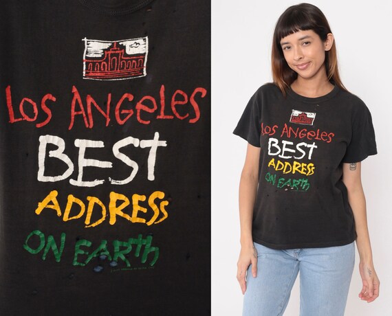90s Los Angeles Shirt Distressed Black Ripped LA Single Stitch Tee 1990s California Tshirt Faded Tee Graphic Souvenir Vintage Medium