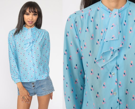 Ascot Shirt Secretary Blouse Baby Blue Long Sleeve