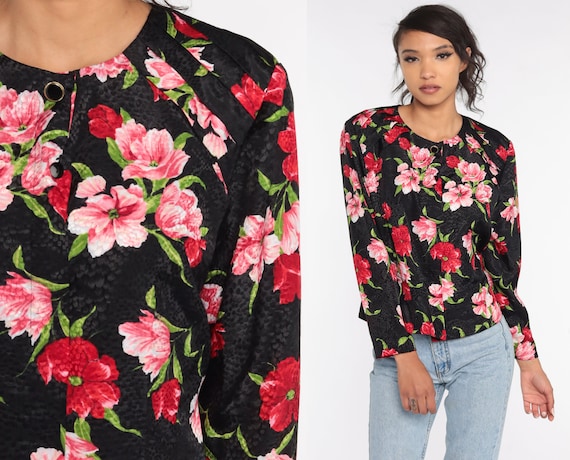 Black Floral Shirt 90s Button Up Shirt Floral Blouse Long Sleeve Top Pink Red Boho 1990s Vintage Liz Claiborne Large L