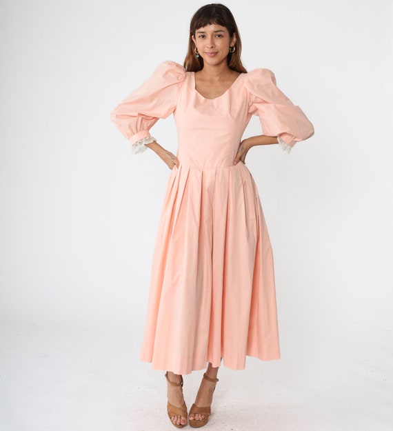 Baby Pink Dress 80s Party Puff Sleeve Dress Midi Prom Dress Oversized Bow Pastel Cotton PLEATED Button Back Scoop 1980s Vintage Small