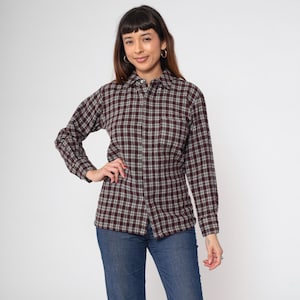 80s Flannel Shirt Wool Blend Plaid Button Up Shirt Retro Red Grey Checkered Print Collared Long Sleeve Top Vintage 1980s Men&#39;s Small