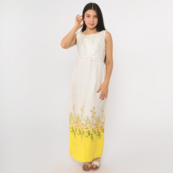 Vintage 60s Floral Party Dress White Embroidered Sleeveless Maxi High Waisted Retro Sixties Cocktail Formal Bow 1960s Yellow Evening Small 4