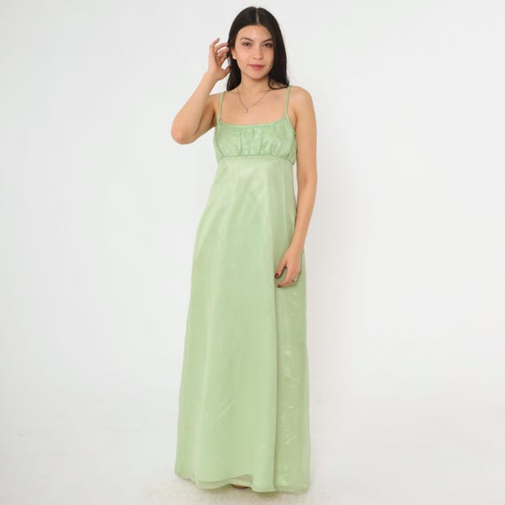 Vintage Light Green Empire Waist Gown 70s Organdy Maxi Dress Spaghetti Strap Sheer Formal 1970s Bridesmaid Evening Gown Extra Small xs