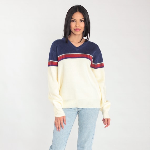 Striped Sweater 80s Knit Pullover V Neck Sweater Cream Red Blue Colorblock Purple Orange Retro Slouchy Acrylic Vintage 1980s Mens Large L