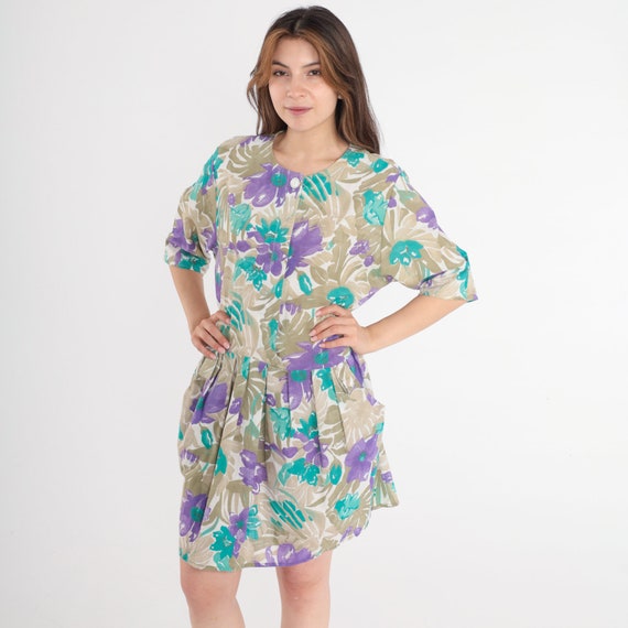 80s Floral Dress Mini Pleated Boho Button Up Pocket Dress Safari Casual Vintage 1980s Low Waist Flower Bohemian Khaki Purple Large Petite