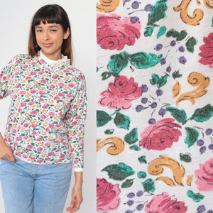 90s Floral Mock Neck Shirt White Rococo Pink Rose Print T-Shirt Long Sleeve Top Vintage 1990s Double Collar Mockneck Blouse Medium