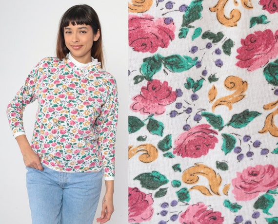 90s Floral Mock Neck Shirt White Rococo Pink Rose Print T-Shirt Long Sleeve Top Vintage 1990s Double Collar Mockneck Blouse Medium