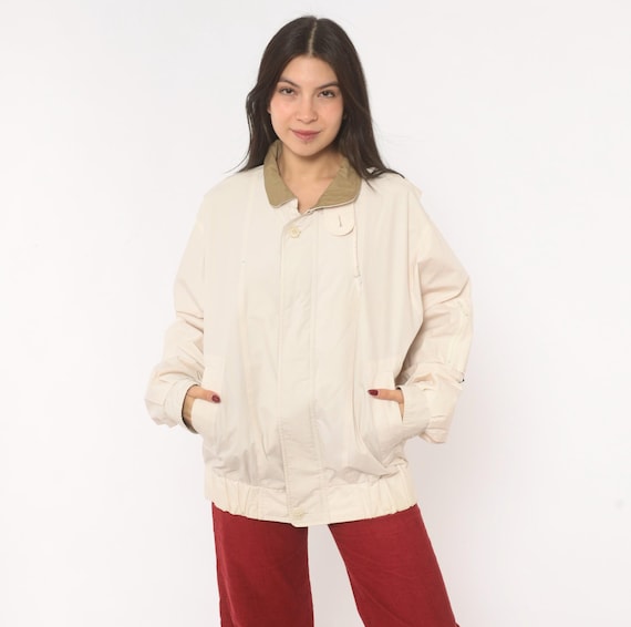 London Fog Windbreaker 90s Cream Bomber Jacket Coat Tan Collar Lightweight Preppy Sailing Classic Americana Off White Spring Rain Medium M