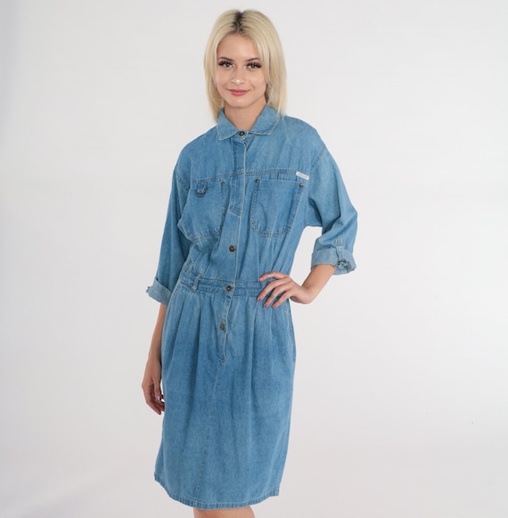 Vintage 80s Denim Dress Dreams Button Up Shirtdress Knee Length Midi Dress Blue Jean Dress Retro Pocket 1980s Collar High Waist Small Medium