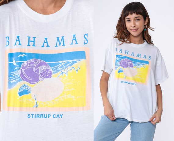 90s Bahamas T-Shirt Great Stirrup Cay Graphic Tee Seashell Tourist T Shirt Tropical Vacation Ocean Tshirt Travel White Vintage 1990s Large L