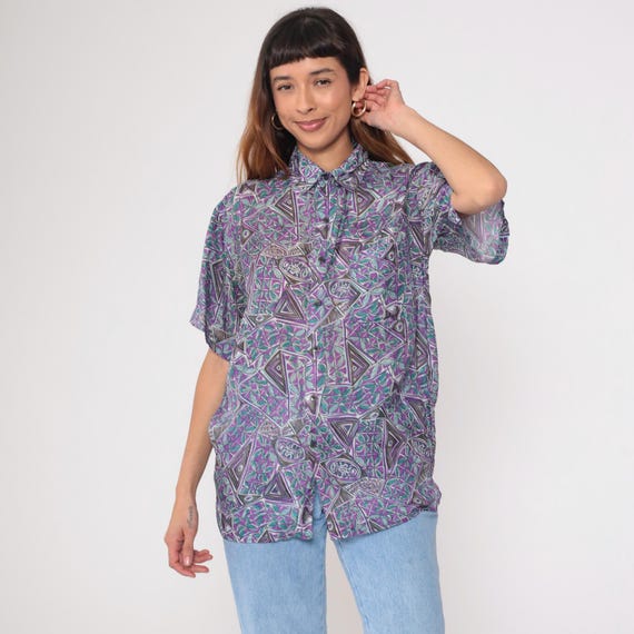 90s Geometric Silk Shirt Vintage Purple Teal Button Up Retro Abstract Print Short Sleeve Collared Streetwear 1990s Medium M