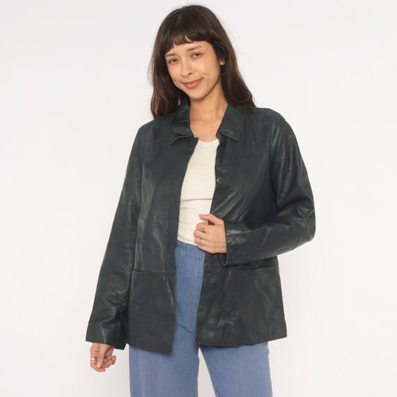 Black Leather Jacket 90s Lambskin Button Front Collar Coat Fitted Blazer Hip Length Vintage Women Patch Pocket Shirt Style Top Large L