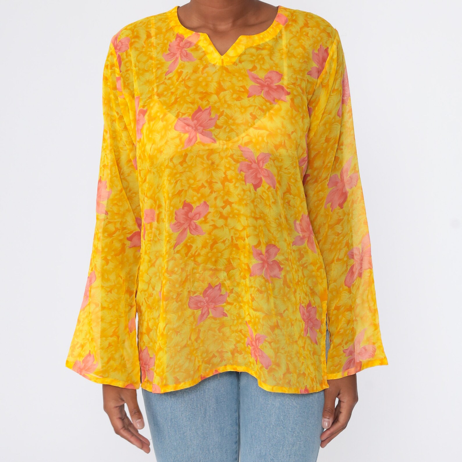 sheer bell sleeve blouse