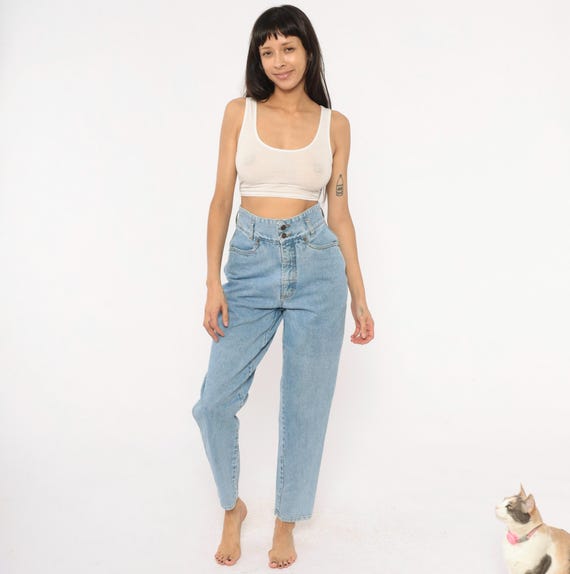 90s High Waisted Mom Jeans Light Wash Denim Tapered Leg Double Button Cotton Vintage Straight Pants Stonewash Faded Trousers Extra Small XS