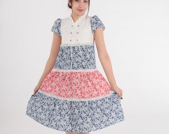 70s Floral Dress Cottagecore Tiered Mini Dress Puff Sleeve White Eyelet Lace Up Red Blue Flower Print Tent Prairie Vintage 1970s 2xs xxs