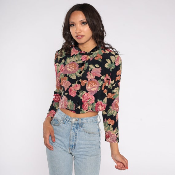 Floral Crop Top 90s Velvet Collar Blouse Button Up Shirt Asian Frog Closure Boho Top Vintage 1990s Long Sleeve Pink Black Extra Small xs