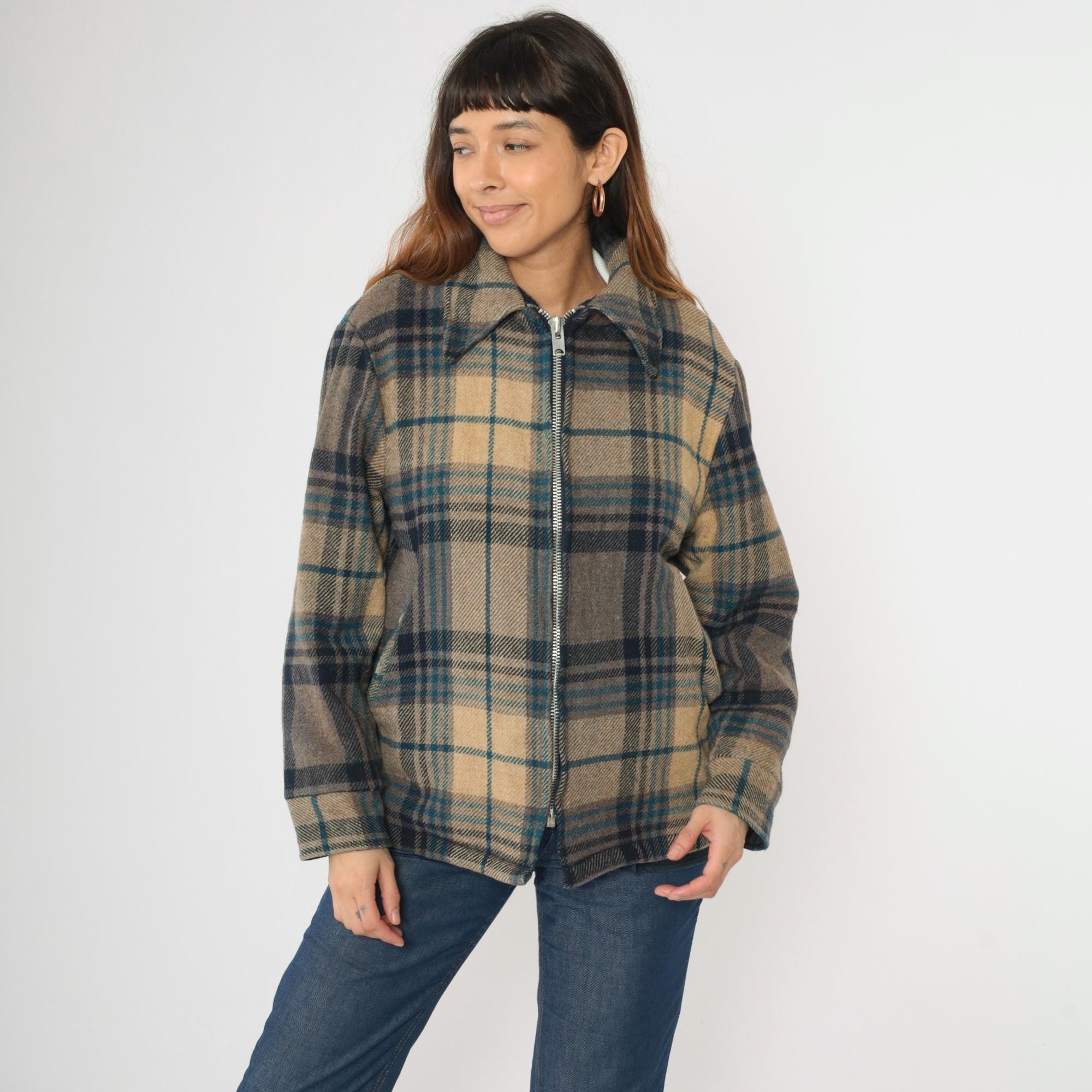 ジャケット・アウター 70s woolrich wool work jacket VTG 70s Woolrich Blue Gray Wool Plaid Lined Nylon Zip Snap