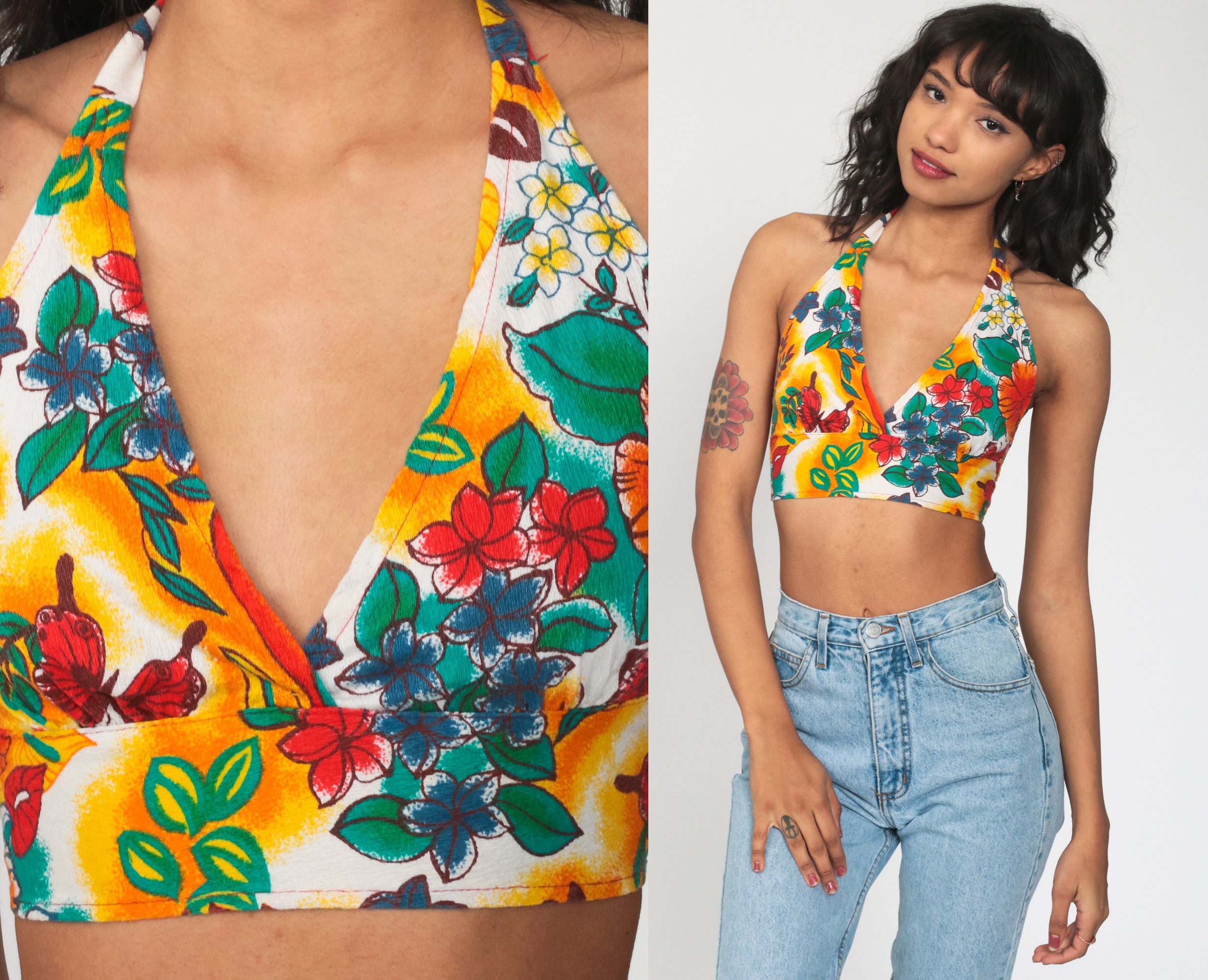 Floral Halter Top 70s Butterfly Crop ...