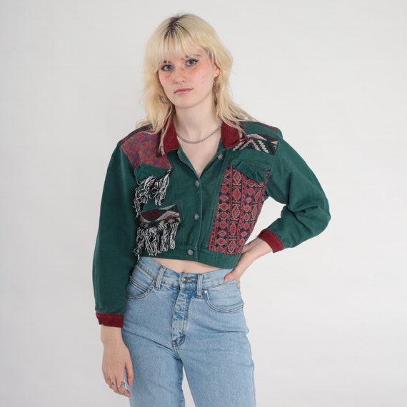 Tapestry Crop Top 90s Green Fringe Cropped Blouse Button up Southwestern Long Sleeve Shirt Southwest Festival Summer Hippie 1990s Medium