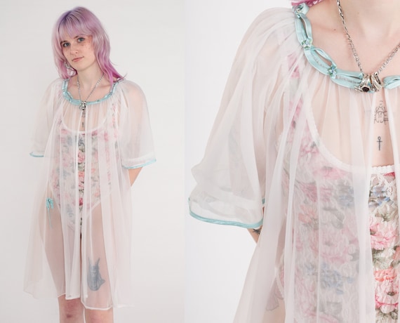 80s Short White Robe Sheer Robe Lingerie Jacket Lingerie Puff Sleeve Open Front Jacket Nylon Chiffon Romantic 1980s Vintage Medium Large