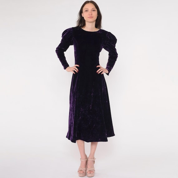 Vintage 80s Purple Velvet Dress Leg-O-Mutton Puff Sleeve Party Midi Rhinestone A-Line Formal Evening Cocktail 1980s Prom Gown Extra Small xs