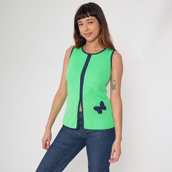 70s Butterfly Top Green Sleeveless Mod Polka Dot Tank Knit Polyester Vintage Contrast Trim Patterned Shirt Summer Blouse Extra Small XS