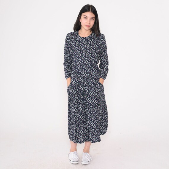Navy Blue Floral Dress 90s Midi Dress High Waisted 3/4 Sleeve Pleated Day Dress Pockets Retro Secretary Vintage 1990s Karin Stevens Small S