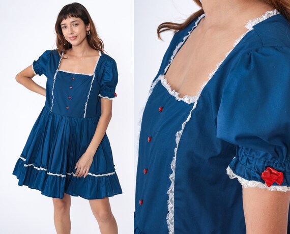 80s Prairie Dress Heart Button Navy Blue Mini Square Dance Dress Puff Sleeve Flounce Country Fit and Flare Lace Bib Vintage 1980s Large