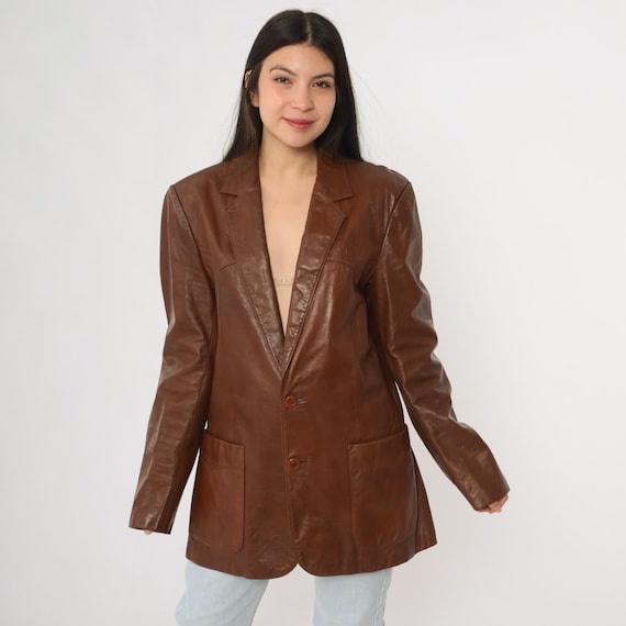 Brown Leather Blazer 70s Vintage Western Jacket Tailored for Richman Front Pockets Lined Oversized Fit Classic Outerwear Size 42 Large L
