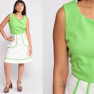 Mod Mini Dress 70s Dress Space Age Twiggy Dress COLOR BLOCK Lime Green White Vintage Sleeveless 60s High Waisted Pocket Medium