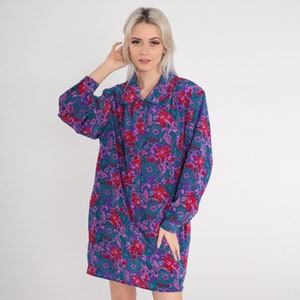 80s Mini Dress Purple Paisley Floral Print Day Dress Long sleeve Button up Shift Hippie Boho Groovy Shirtdress Minidress Vintage 1980s Large