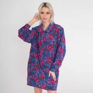 80s Mini Dress Purple Paisley Floral Print Day Dress Long sleeve Button up Shift Hippie Boho Groovy Shirtdress Minidress Vintage 1980s Large image 4