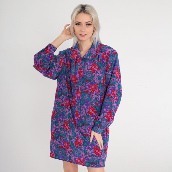 80s Mini Dress Purple Paisley Floral Print Day Dress Long sleeve Button up Shift Hippie Boho Groovy Shirtdress Minidress Vintage 1980s Large