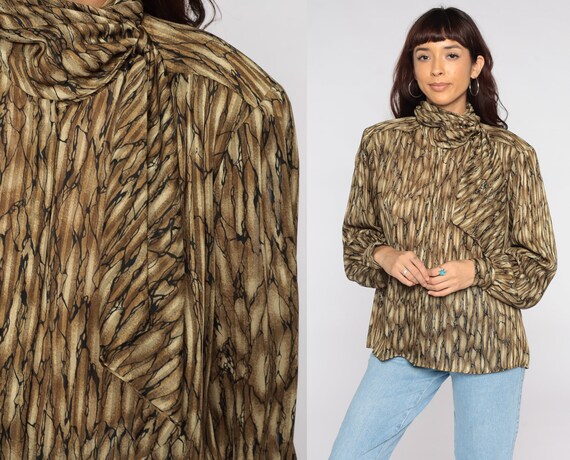Striped Ascot Shirt Necktie Scarf Blouse Secretary Blouse Long Sleeve Top 80s Bow Neck Ascot Top Brown Vintage Long Sleeve Oversize Large