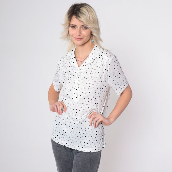 Polka Dot Blouse 70s Button Up Collared Shirt White Black Grey Retro Preppy Seventies Hippie Boho Vintage 1970s Medium