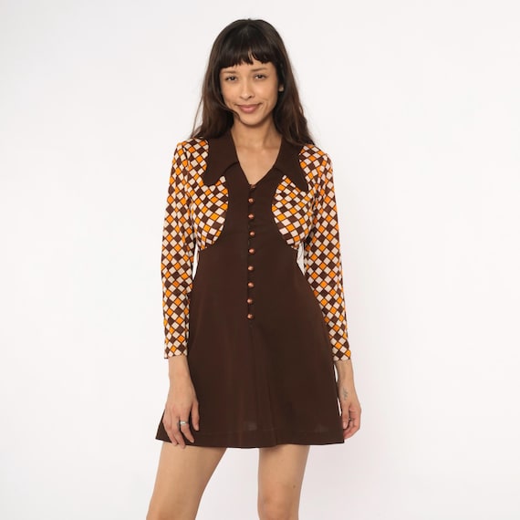70s Mini Mod Geometric Diamond Pattern Dress Brow… - image 3