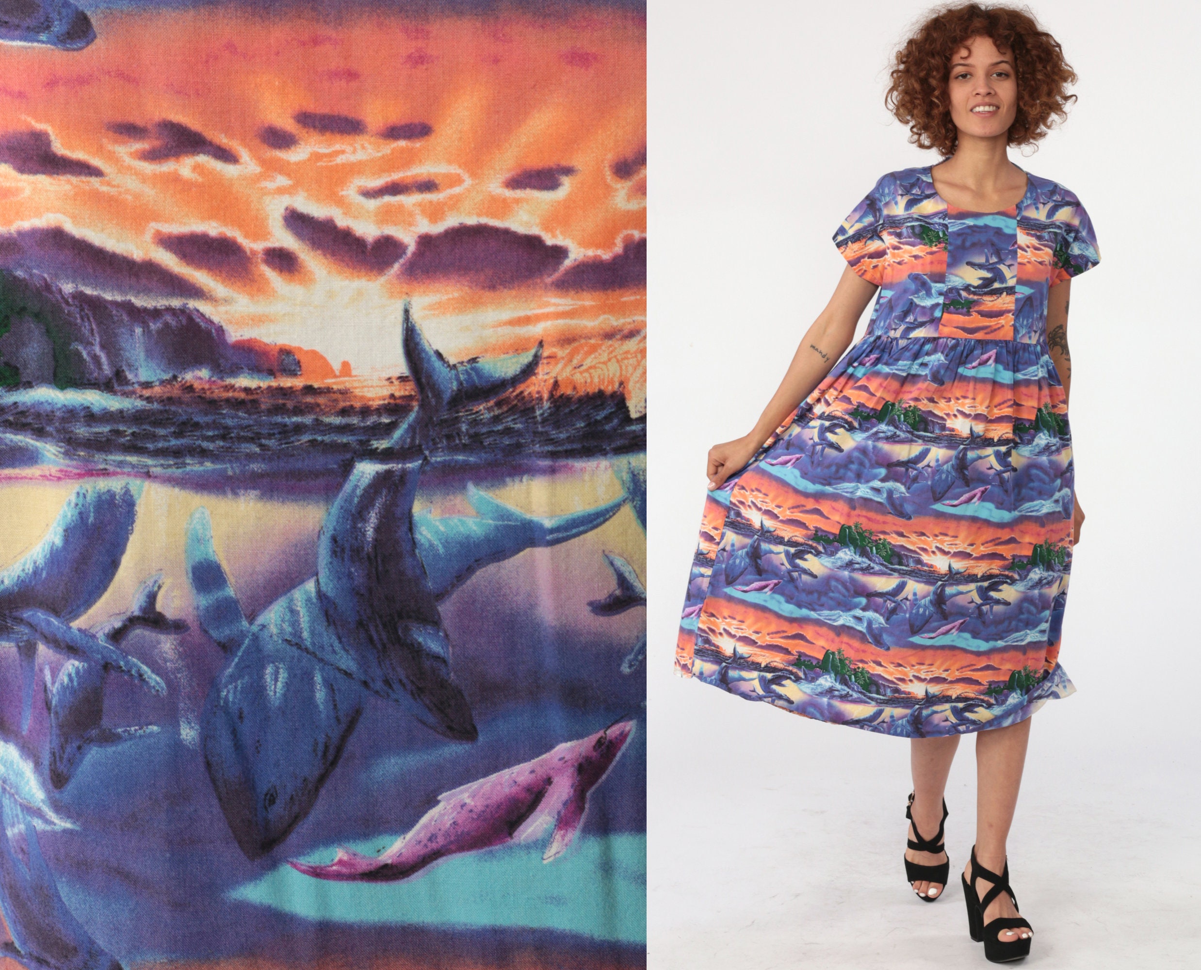 Tropical Whale Dress 80s Midi Summer 