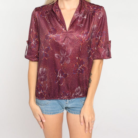 Burgundy Floral Blouse 70s Top V Neck Short Sleev… - image 8