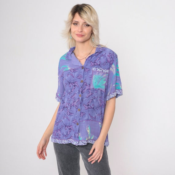 Tie Dye Button Up Shirt 90s Purple Abstract Floral Shirt Retro Psychedelic Short Sleeve Top Collar Vintage 1990s Crinkled Rayon Medium M