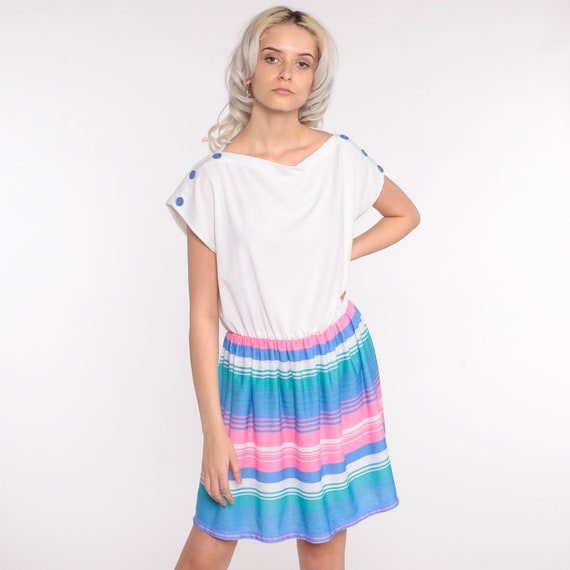 White Striped Dress 80s Mini Pink Blue Dress 1980s Summer Bright Dress Minidress High Waist Retro Cap Sleeve Vintage Large