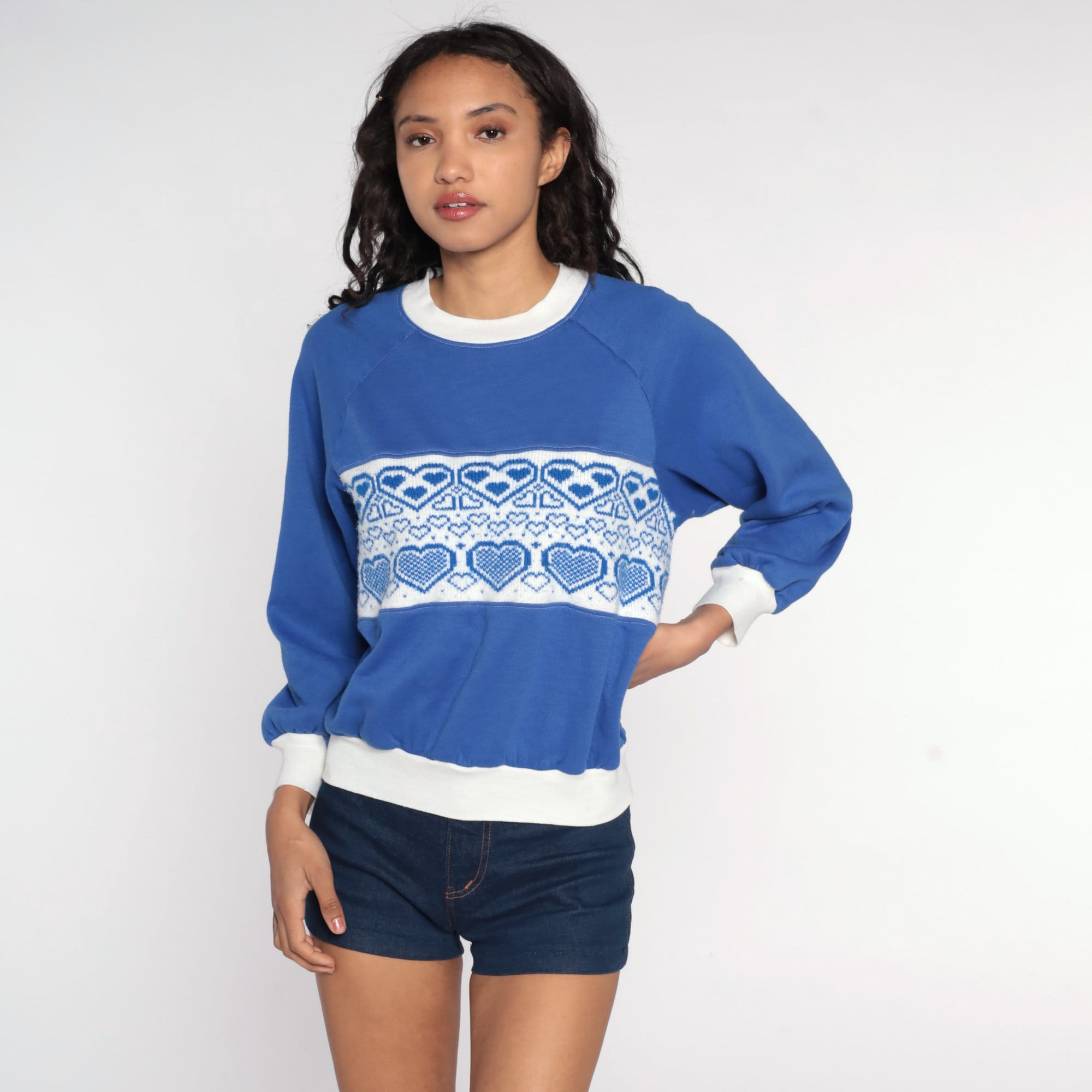 Heart Sweatshirt Blue Sweater 80s Novelty Slouchy Kitsch Pullover ...