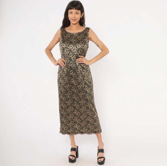 Gold Lace Maxi Dress 90s Black Floral Sleeveless Gown Scalloped Hem Evening Cocktail Party Metallic Shimmer Going Out Vintage Large L