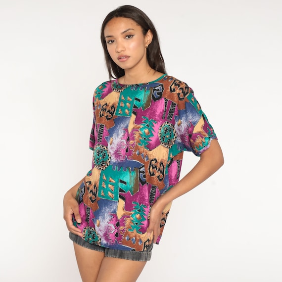 Geometric Southwest Blouse 90s Southwestern Blouse Top Graphic Top Short Sleeve Jewel Tone Rayon Top Abstract 1990s Vintage Large L