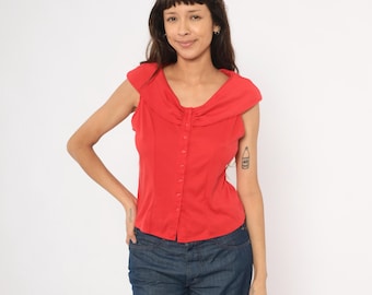 Red Button Front Blouse 90s Cowl Neck Cap Sleeve Fitted Waist Corset Seam Top Cherry Scarlet Pin Up Rockabilly Vintage Shirt Summer Large L