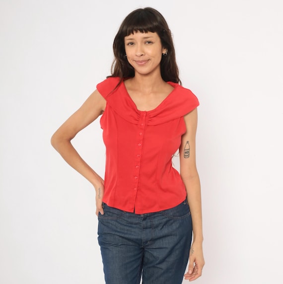 Red Button Front Blouse 90s Cowl Neck Cap Sleeve Fitted Waist Corset Seam Top Cherry Scarlet Pin Up Rockabilly Vintage Shirt Summer Large L