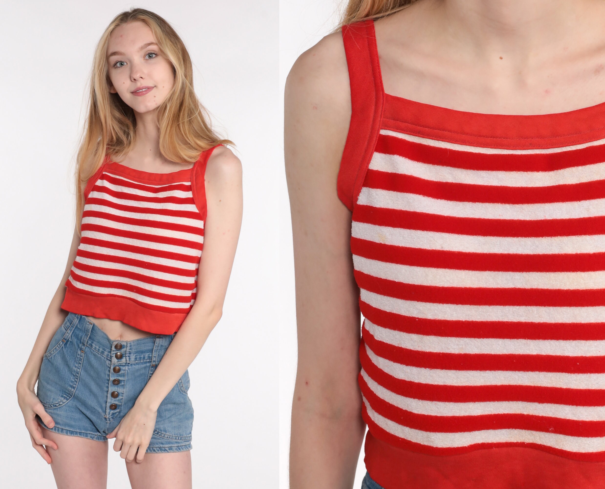 70s Tank Top TERRY CLOTH Shirt Red 