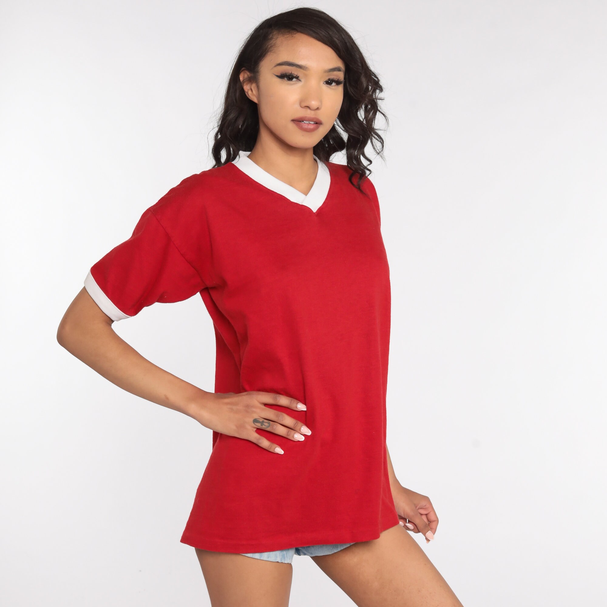 80s Ringer Tee Shirt Red T Shirt V Neck Shirt Plain Athletic Shirt