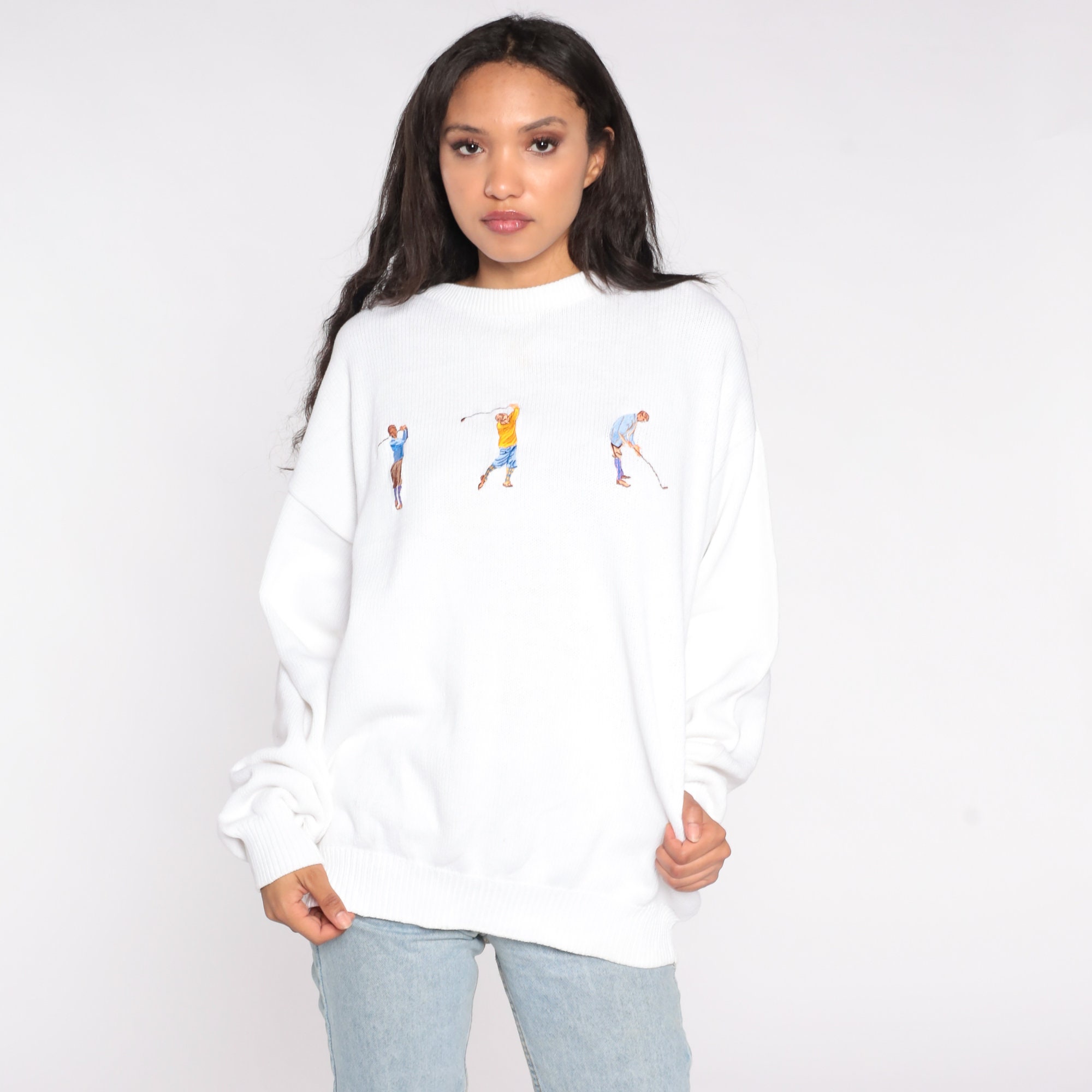 Golfer Sweater 90s Embroidered Golf Sweater White Cotton Sweater ...